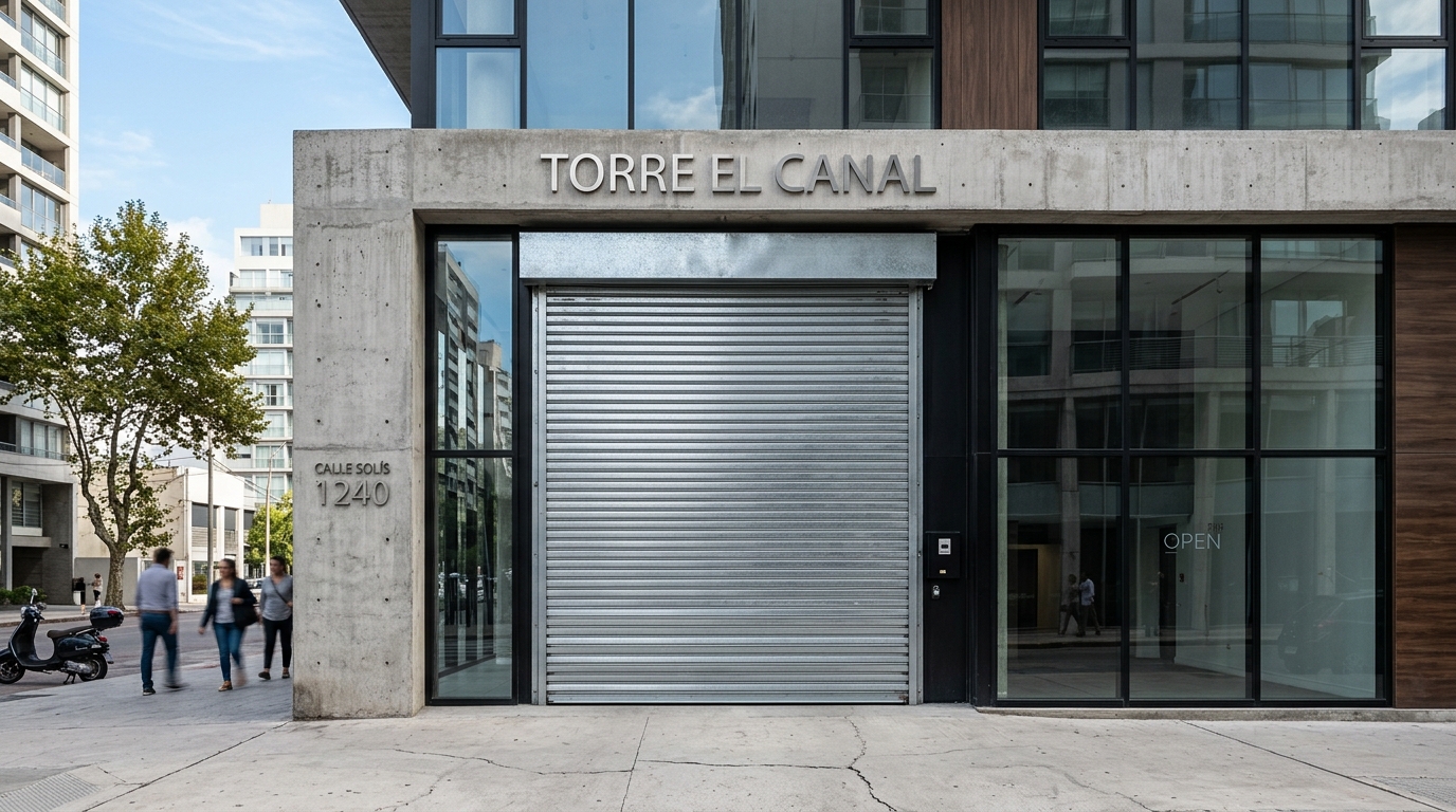 Cortina metálica de enrollar galvanizada instalada en fachada de local comercial en Montevideo Uruguay