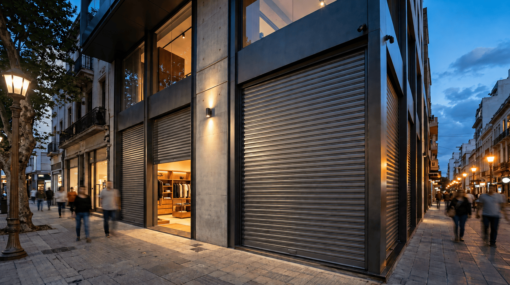 Cortinas automáticas instaladas en fachada comercial moderna de Montevideo Uruguay